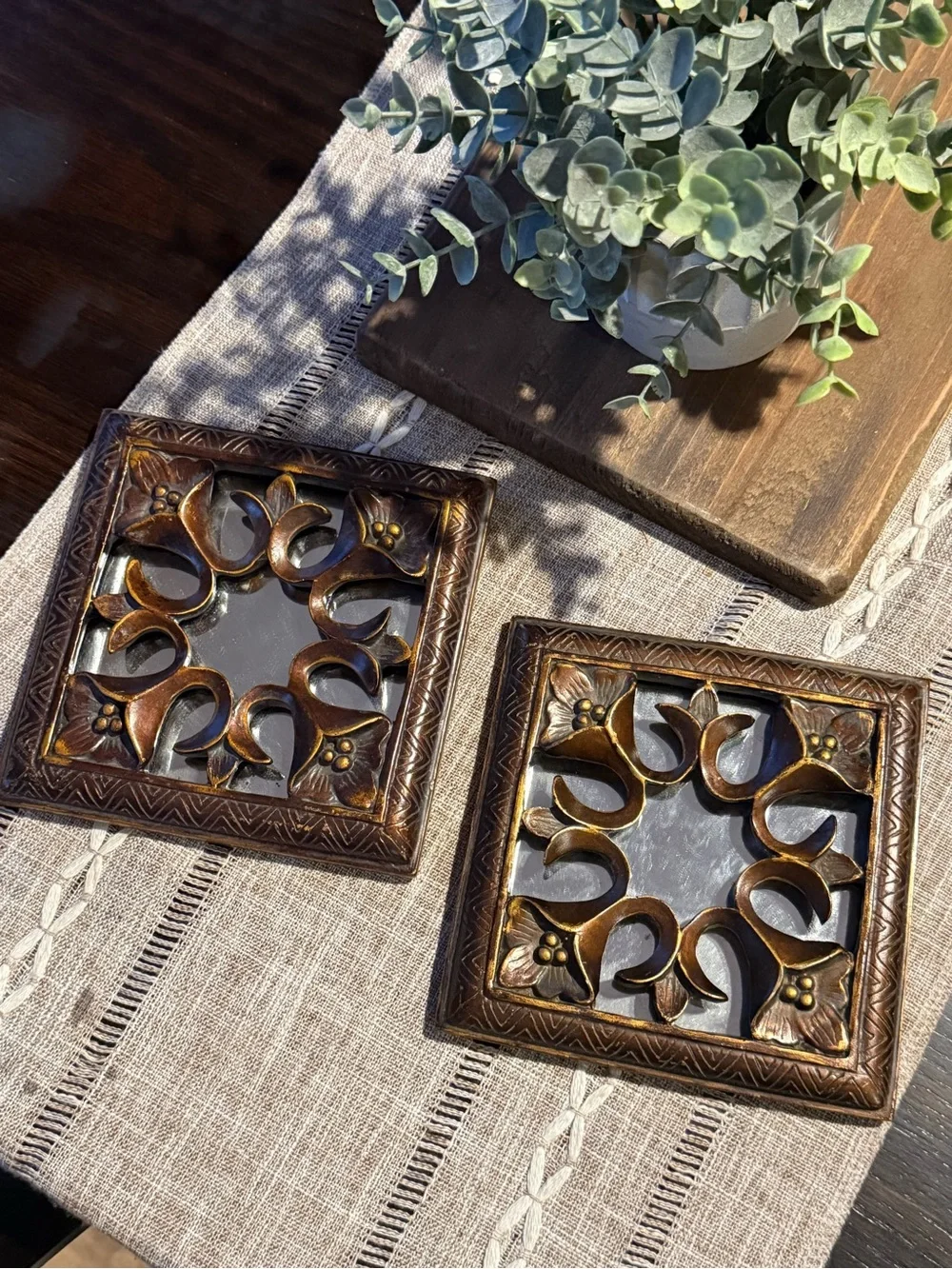 2-Bronze Color Mirrored Wall Plaques With Decorative Floral Scrollwork